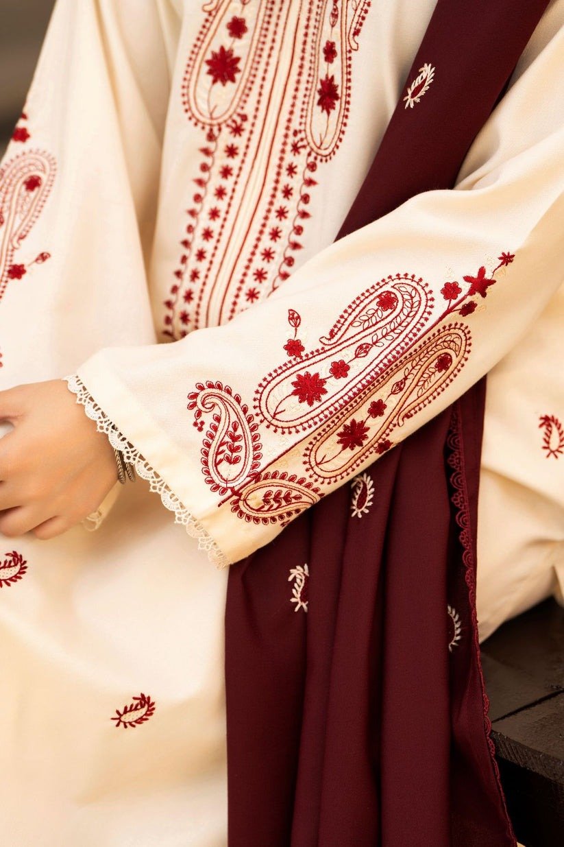 Premium Zohra Embroidery 3PC Shawl Stone Linen Winter Dress - Image 7