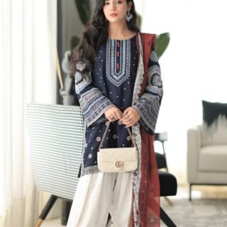 Dastaan Embroidery 3PC Premium Stone Linen Dress with Embroidered Shirt Plazo and Digital Printed Dupatta