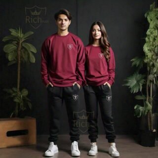 2 Pcs unisex fleece plain track suit black and maroon