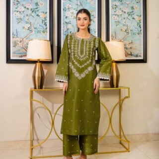 Elegant Olive Embroidery 2PC Lawn – Fast Delivery