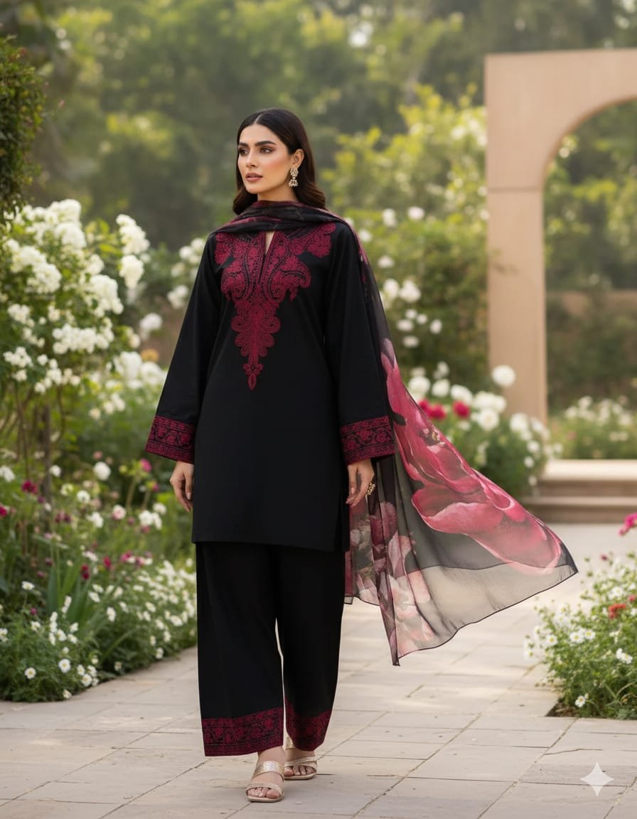 Mahi-Noor 3PC Premium Linen Embroidered Suit Royal Flower Dupatta Fast Delivery