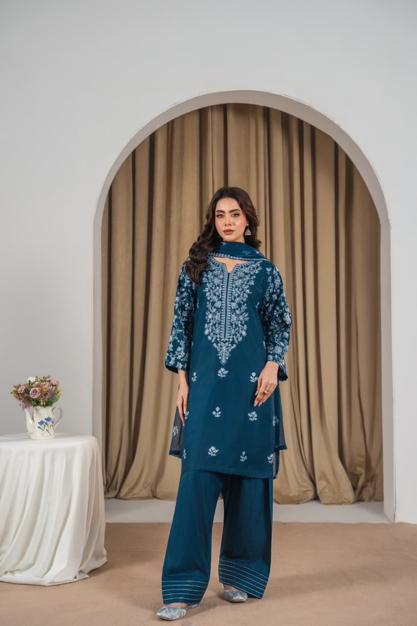 Fari Embroidered 3PC Farshi Suit in Stone Linen fabric elegant Eid outfit