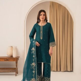 Safira Embroidered 3PC Plazo outfit premium stone linen fabric festive dress