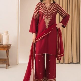 Mehroon Peacock Embroidered 3PC Stone Linen Suit with Sequence Embroidery for Eid