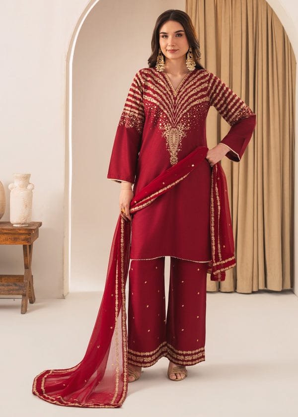 Mehroon Peacock Embroidered 3PC Stone Linen Suit with Sequence Embroidery for Eid