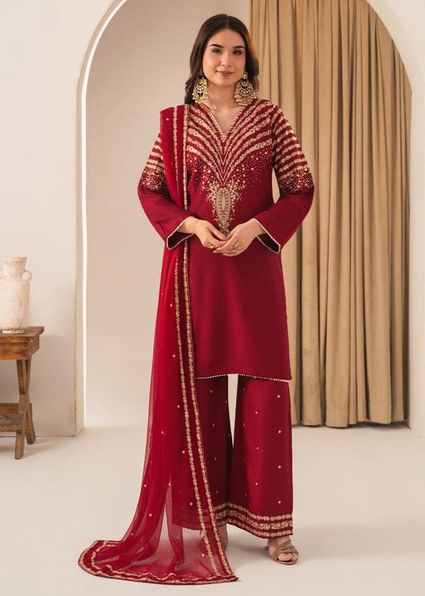 Mehroon Peacock Embroidered 3PC Stone Linen Suit with Sequence Embroidery for Eid