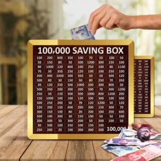 Wooden saving box 100000 PKR goal smart savings organizer brown