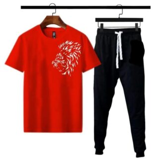 mens red lion printed t shirt with black trouser 2 pcs casual outfit pakistan