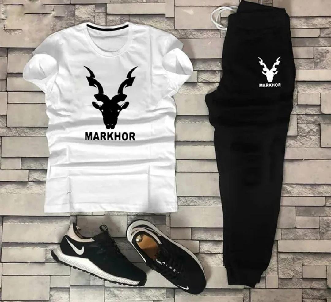 men cotton markhor graphic track suit black white gym casual wear breathable comfortable Pakistan