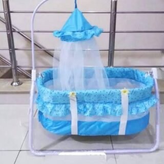 Blue ruffled baby swing with built-in mosquito net for safe newborn sleeping and insect protection.
