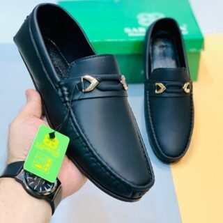 mens black rexine loafers lightweight slip on casual formal shoes with gold buckle