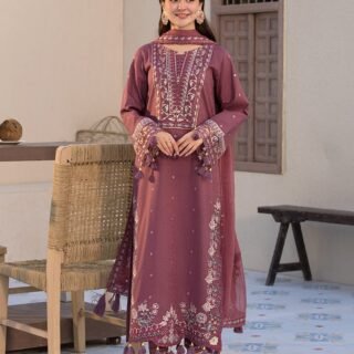 dusty rose embroidered 3pc suit cotton chiffon dupatta sequence work women party dress Pakistan