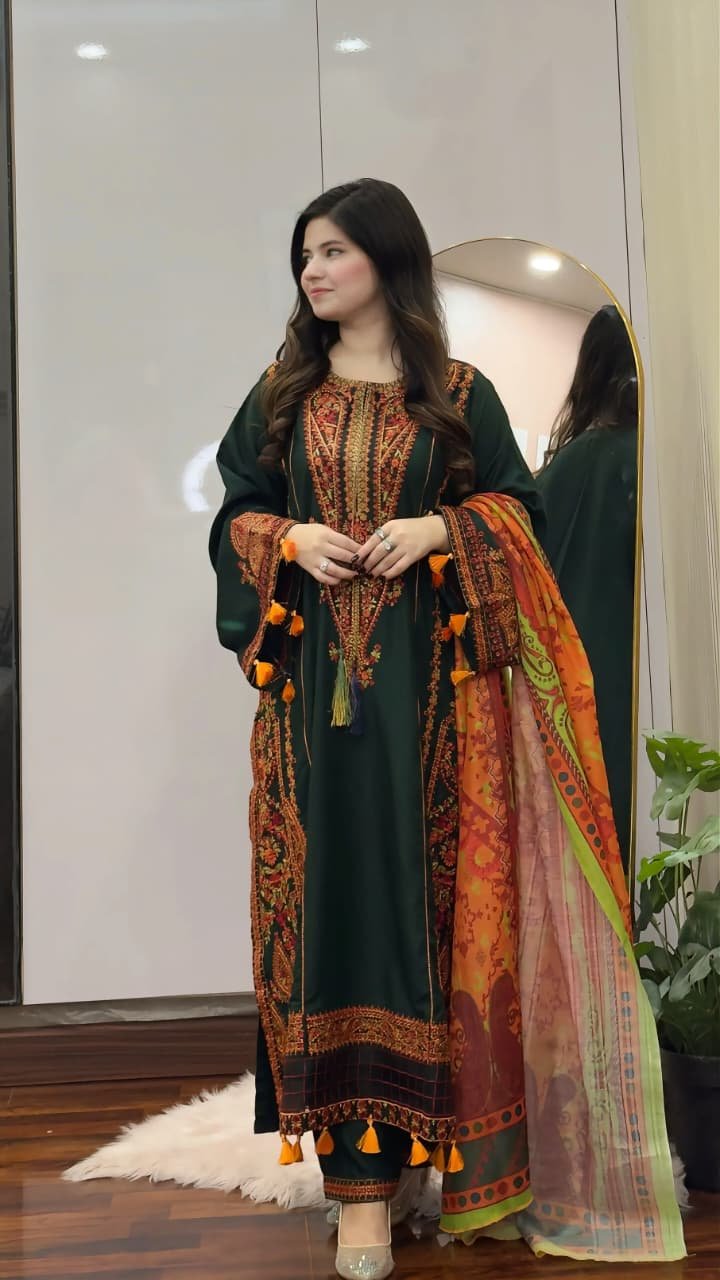 zargul embroidered 3pc lawn suit women pashmina digital dupatta festive wedding dress Pakistan