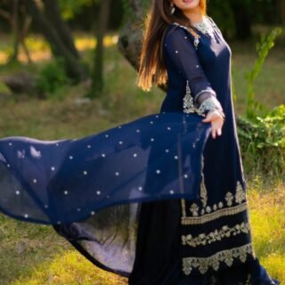 Premium chiffon embroidered 3pc suit with digital dupatta and plazo trouser elegant ladies dress Pakistan