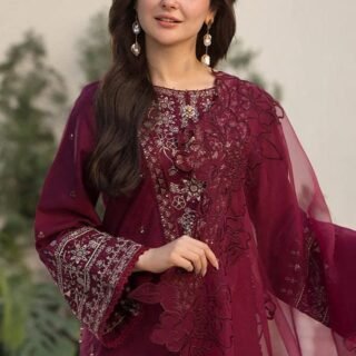 zareen embroidered 3pc lawn suit long shirt with organza cutwork dupatta festive dress Pakistan