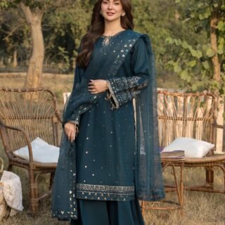 hania amir embroidered 3pc cotton suit with organza dupatta and flapper festive dress Pakistan