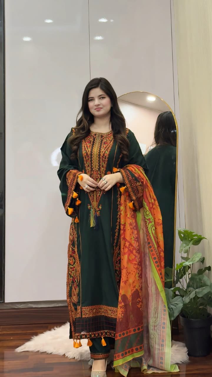 zargul embroidered 3pc lawn suit women pashmina digital dupatta festive wedding dress Pakistan