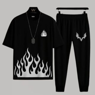 Black flame print track suit men 2 piece comfortable outfit