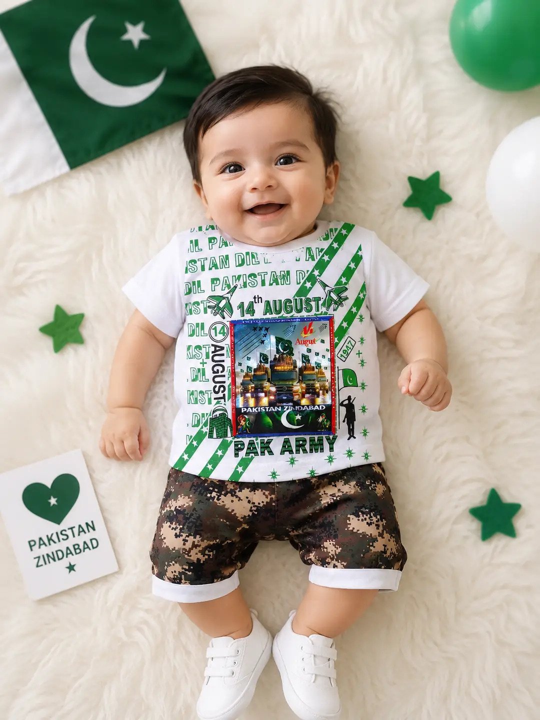 Premium 14 August Boys Lighting Shirt Shorts Set 1 14 August Boys Shirt Shorts Set in white and green