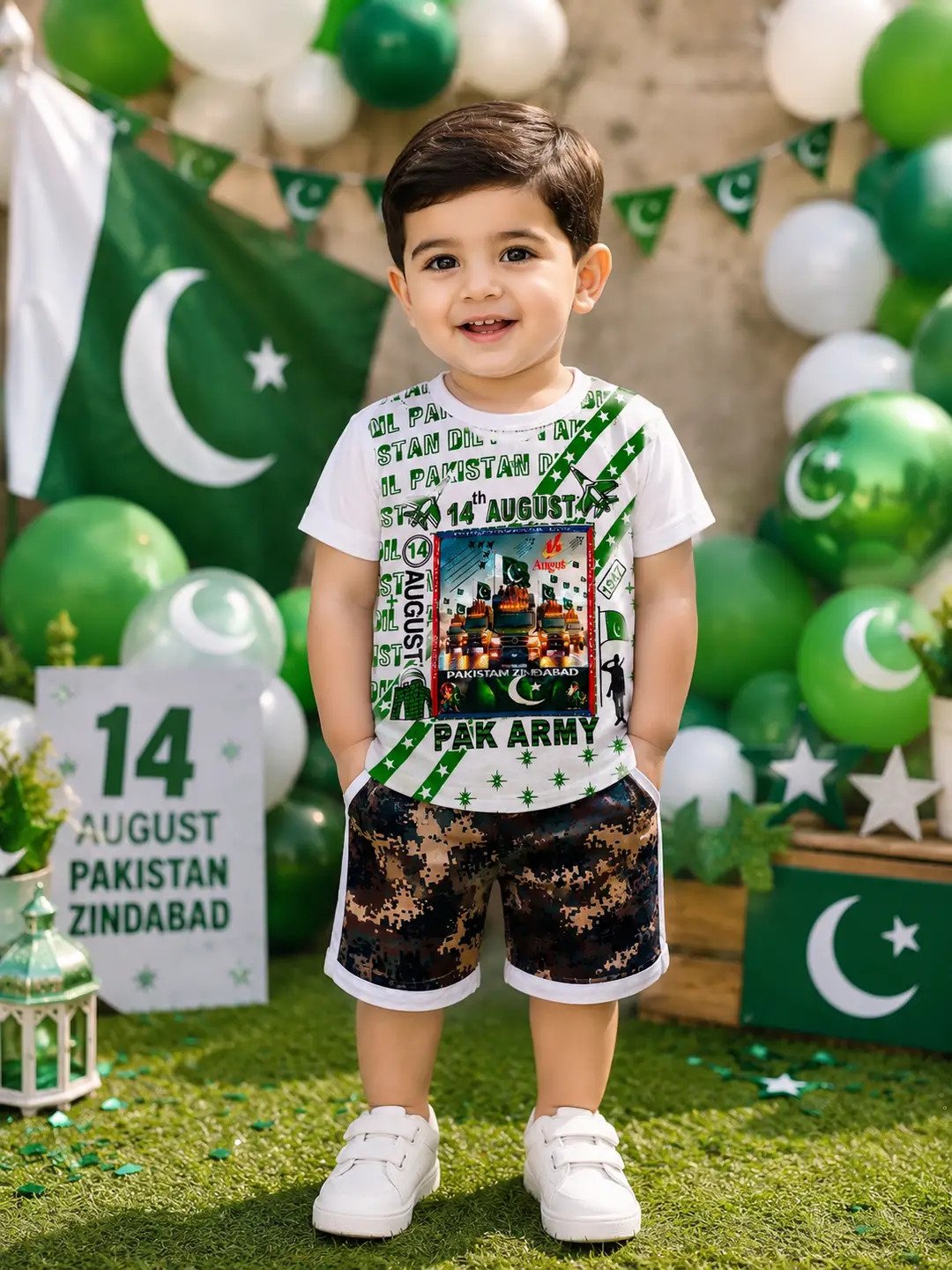 Premium 14 August Boys Lighting Shirt Shorts Set 2 14 August Boys Shirt Shorts Set in white and green