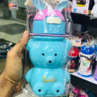 Teddy Bear Kids Water Bottle Blue Pink Cute Design