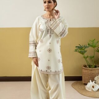 Cream Vila Embroidery Premium Lawn Plazo Suit for Women