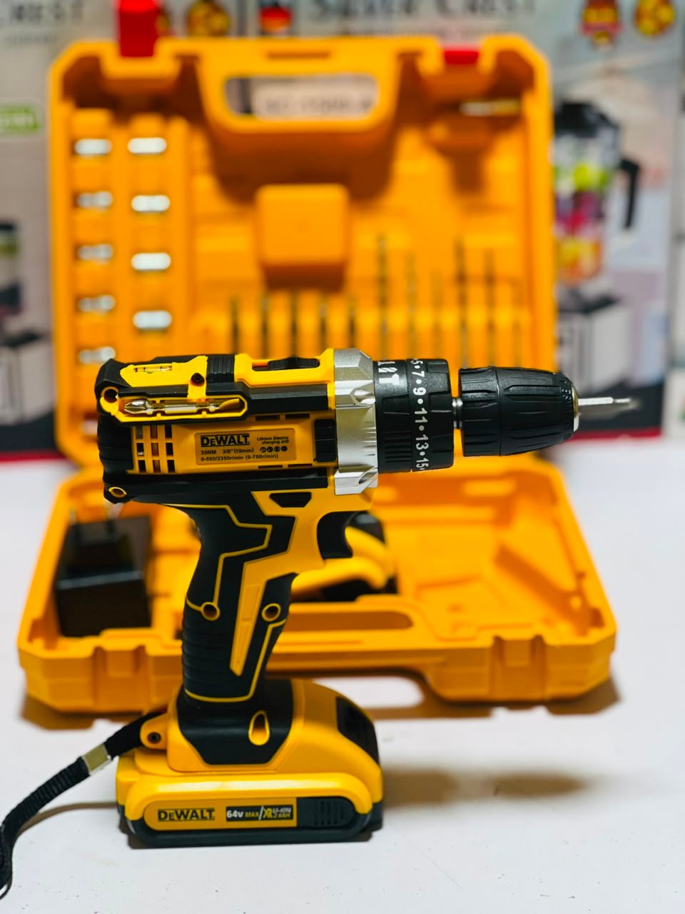 DeWalt 64V Cordless Electric Drill Machine With Case | Tools 1 DeWalt 64V Cordless Drill with battery and carry case