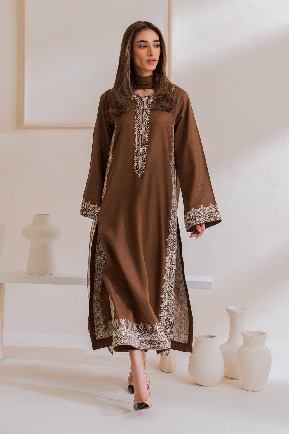 Nafeesa Emb 3PC Cotton Suit | Stitched Collection | Sale 1 Nafeesa Emb 3PC Cotton Suit with embroidered long shirt and chiffon dupatta