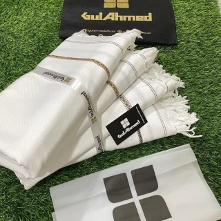 Gul Ahmed Wool Shawl White with Golden Border