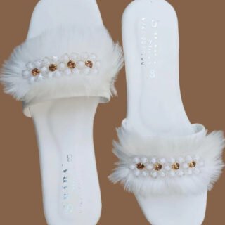 White Fluffy Slippers with Crystal Embellishments | Footwear