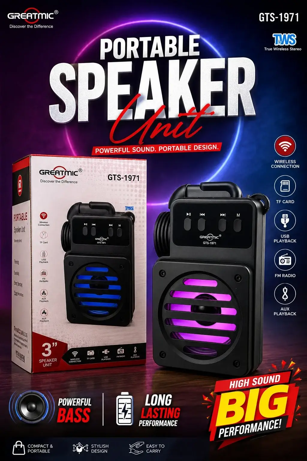 Greatmic GTS 1971 Portable Wireless Bluetooth Speaker 1 Greatmic GTS 1971 Portable Bluetooth Speaker black